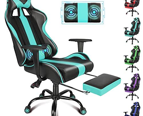 Miami Blue Gaming Chair with Massage Racing Style Video Game Chair PC Computer Gaming Chair Adjustable Height with Retractable Footrest,…