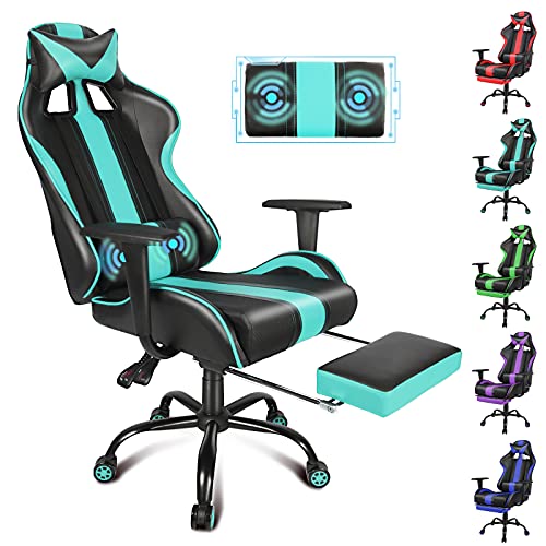 Miami Blue Gaming Chair with Massage Racing Style Video Game Chair PC Computer Gaming Chair Adjustable Height with Retractable Footrest,…
