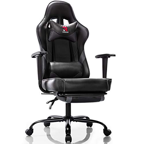 Rimiking Computer Massage Gaming Chair-High Back PU Leather Swivel Adjustable Armrest Ergonomic with Soft Headrest&Backrest Grey