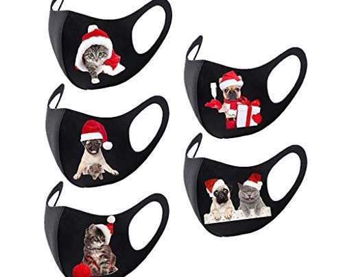 SPORTTIN Christmas 5PC Unisex Adult Reusable Washable Dustproof Soft Breathable Adjustable Xmas Cute Animal Printed(Multicolor)
