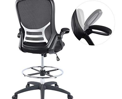 High-Back Mesh Ergonomic Drafting Chair Tall Office Chair Standing Desk Stool with Adjustable Foot Ring and Flip-Up Arms (Black)