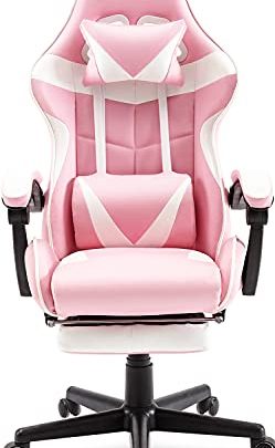 Soontrans Pink Gaming Chair with Footrest,Lovely Computer Chair,Deak Chair for Granddaughter,Girlfriend,Sister,Wife and Love with Headrest,Lumbar Support Gamer Chair (Pink)