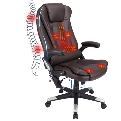 HZLAGM Office Chair with Vibrating，Adjustable Ergonomic Reclining Chair with Lumbar Support, Rolling Swivel Chair with 6-Point Vibration Heating Function-Brown