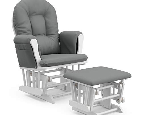Storkcraft Premium Hoop Glider and Ottoman (White Base, Gray Cushion) – Padded Cushions with Storage Pocket, Smooth Rocking Motion, Easy…