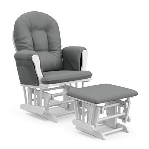Storkcraft Premium Hoop Glider and Ottoman (White Base, Gray Cushion) – Padded Cushions with Storage Pocket, Smooth Rocking Motion, Easy…