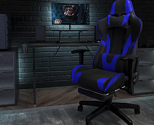 Flash Furniture X20 Gaming Chair Racing Office Ergonomic Computer PC Adjustable Swivel Chair with Fully Reclining Back in Blue LeatherSoft