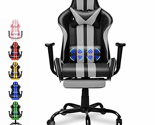Ferghana Video Gaming Chair,PC Gaming Chair,Computer Chair, E-Sports Chair,Ergonomic Office Chair with Retractable Footrest and Adjustable Headrest and Lumbar Support(Grey)