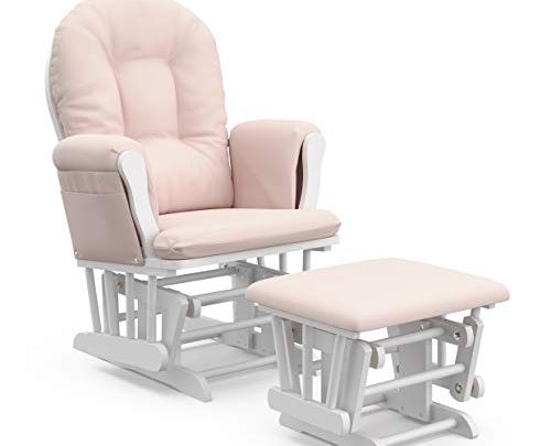 Storkcraft Premium Hoop Glider and Ottoman (White Base, Pink Cushion) – Padded Cushions with Storage Pocket, Smooth Rocking Motion, Easy…