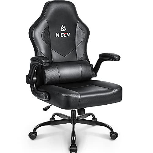 N-GEN Gaming Chair Ergonomic Office Chair PC Desk Chair with Lumbar Support Flip Up Arms Levelled Seat Style Headrest PU…
