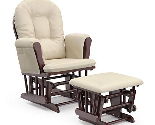 Storkcraft Premium Hoop Glider and Ottoman (Cherry Base, Beige Cushion) – Padded Cushions with Storage Pocket, Smooth Rocking Motion, Easy…