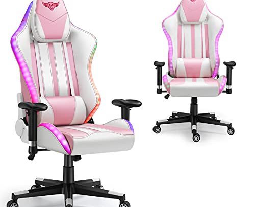 Pink Gaming Chairs,Game Chairs for Adults DIFEISI Computer Chair with LED Light,Desk Chair for Girls with Massage Pink Chairs for…