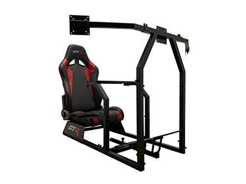 GTR Simulator GTAF-BLK-S105LBKRD – GTA-F Model (Black) Triple or Single Monitor Stand with Black/Red Adjustable Leatherette Seat, Racing Simulator Cockpit…