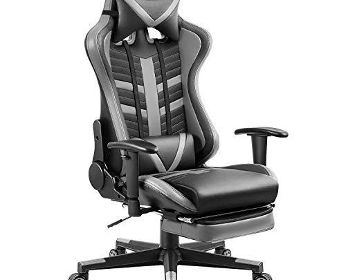 Homall Ergonomic High-Back Racing Chair | Leather Bucket Seat, Headrest, Footrest and Lumbar Support | Black & Gray