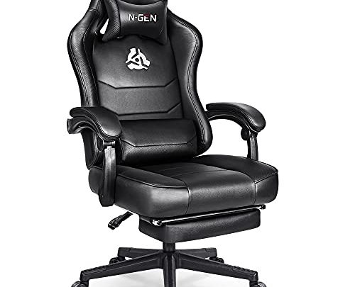 N-GEN Gaming Chair with Footrest Levelled Seat Style PU Leather Adjustable Ergonomic Lumbar Support High Back Office Swivel Computer Desk…