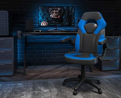 Flash Furniture X10 Gaming Chair Racing Office Ergonomic Computer PC Adjustable Swivel Chair with Flip-up Arms, Blue/Black LeatherSoft