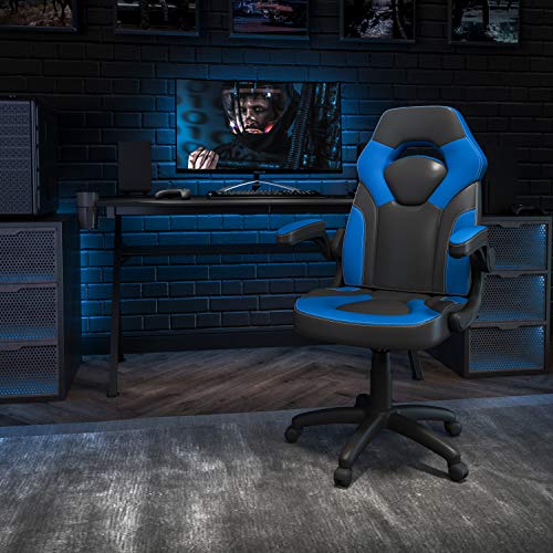 Flash Furniture X10 Gaming Chair Racing Office Ergonomic Computer PC Adjustable Swivel Chair with Flip-up Arms, Blue/Black LeatherSoft
