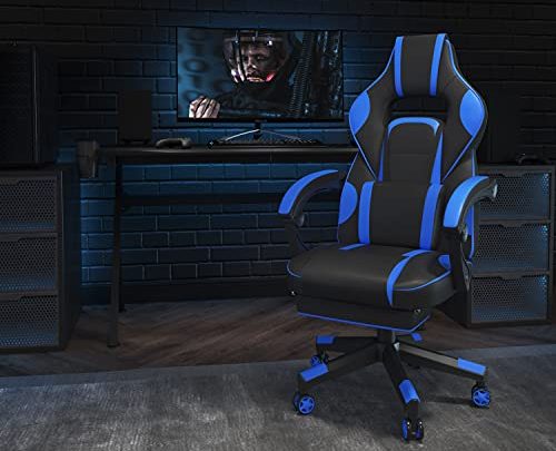Flash Furniture X40 Gaming Chair Racing Ergonomic Computer Chair with Fully Reclining Back/Arms, Slide-Out Footrest, Massaging Lumbar – Black/Blue