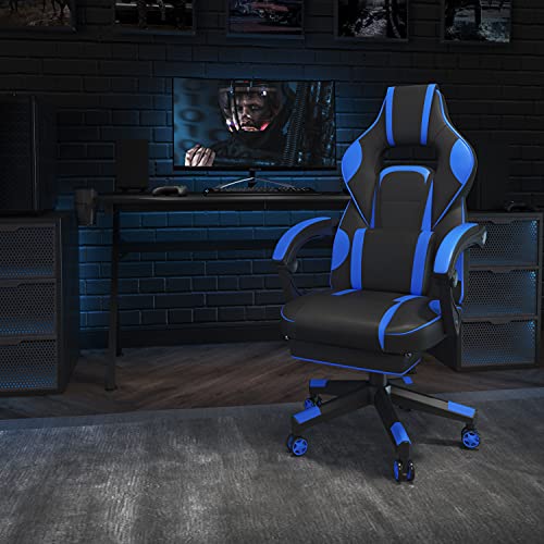 Flash Furniture X40 Gaming Chair Racing Ergonomic Computer Chair with Fully Reclining Back/Arms, Slide-Out Footrest, Massaging Lumbar – Black/Blue