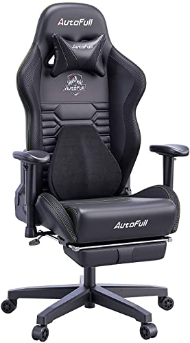 AutoFull Gaming Office Desk Ergonomic Lumbar Support, Racing Style PU Leather PC High Back Adjustable Swivel Task Chair with Footrest,Black,…