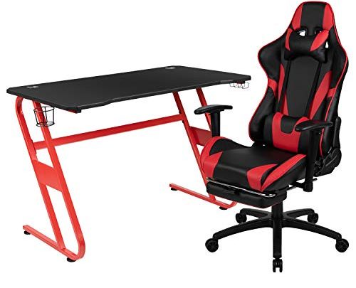 Flash Furniture Red Gaming Desk and Red/Black Footrest Reclining Gaming Chair Set with Cup Holder and Headphone Hook