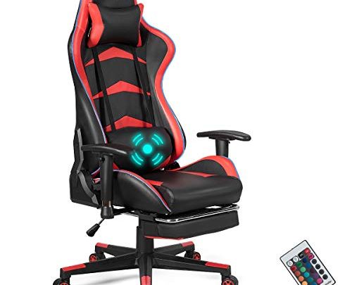 Goplus Massage Gaming Chair with LED Light, Reclining Backrest Handrails and Seat Height Adjustment Racing Computer Office Chair with Footrest,…