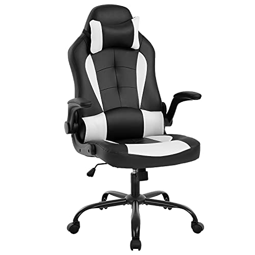 PC Gaming Chair Ergonomic Office Chair Computer Desk Chair with Armrests Headrest and Lumbar Support High Back PU Leather Executive Racing Chair for Home (White)