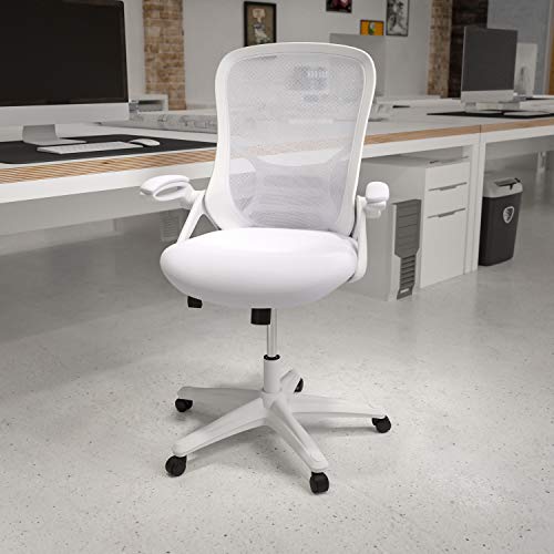 Flash Furniture High Back White Mesh Ergonomic Swivel Office Chair with White Frame and Flip-up Arms