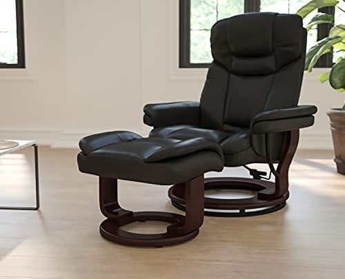 Flash Furniture Contemporary Multi-Position Recliner and Curved Ottoman with Swivel Mahogany Wood Base in Black LeatherSoft