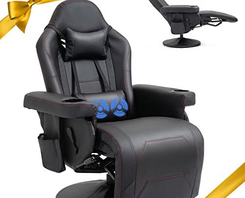 HOMHUM Office Chair Recliner Massage Gaming Reclining Chair for Adults, Leather Racing Swivel Chair w/Adjustable Backrest and Footrest, Comfortable Ergonomic…
