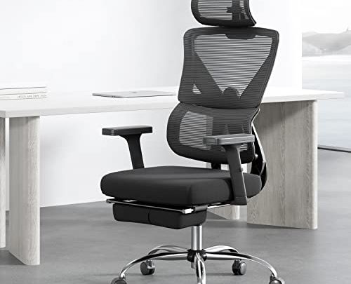 Hbada Ergonomic Office Chair All Round Back Lumbar Support Mesh Desk Chair with Retractable Footrest, Black