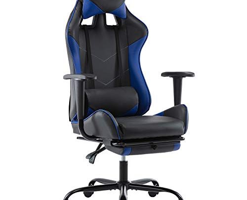 Gaming Chair, High Back Video Racing Chair, Ergonomic Computer Office Chair Leather Rocking Chair with Footrest (Blue, Modern)