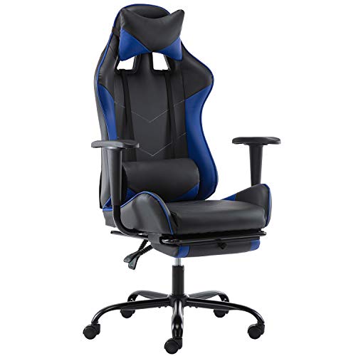 Gaming Chair, High Back Video Racing Chair, Ergonomic Computer Office Chair Leather Rocking Chair with Footrest (Blue, Modern)