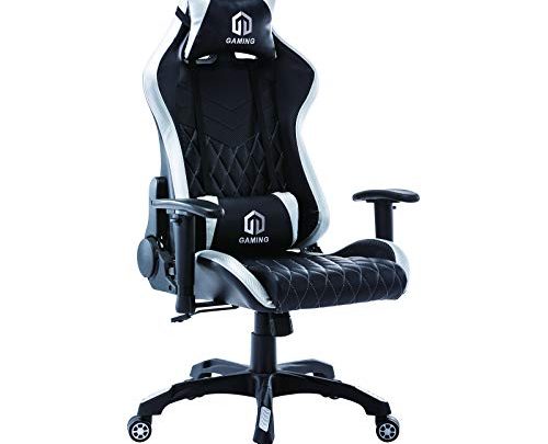 Gaming Chair Racing Office Chair Computer Desk Chair Executive and Ergonomic Reclining Swivel Chair with Headrest and Lumbar Cushion (BK/Silver)