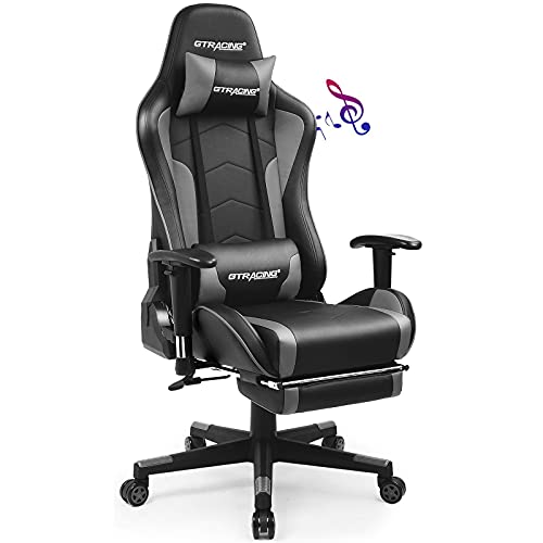 GTRACING Gaming Chair with Footrest and Bluetooth Speakers Music Video Game Chair Heavy Duty Ergonomic Computer Office Desk Chair Gray