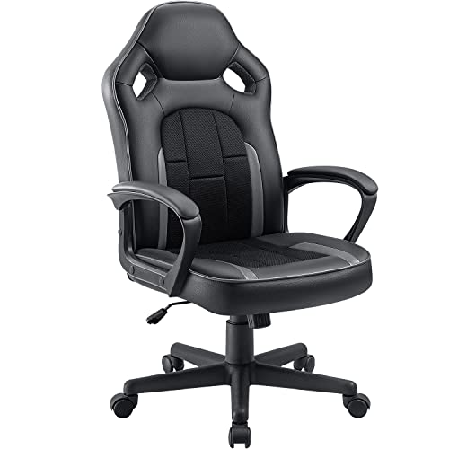 Pawnova Gaming Chair Racing Mid Back Leather Office Task Seat with Rocking Function, Padded Armrest, Gray