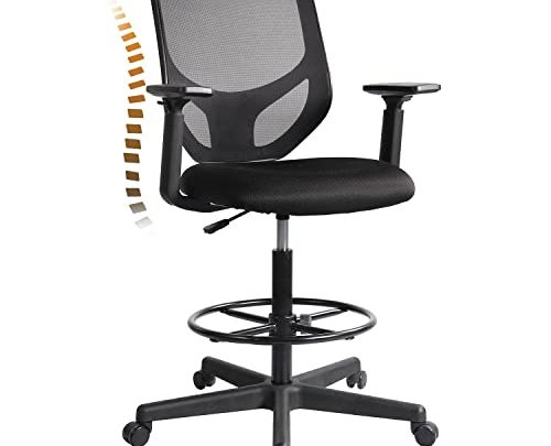 Drafting Chair, Tall Office Chair Ergonomic Mesh Office Chair Standing Desk Chair with Adjustable Foot Ring and Armrests (Black, Drafting…