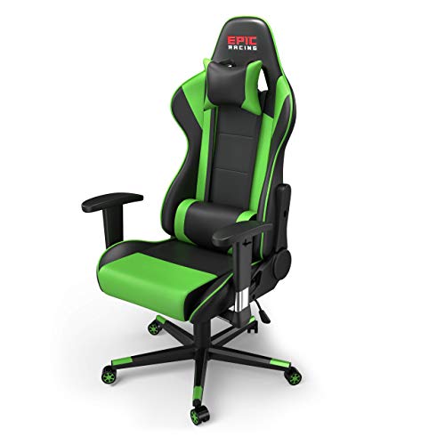 Epic Racing Professional Gaming Chair with Adjustable Height, Full Recline and Headrest/Lumbar Support (Green)