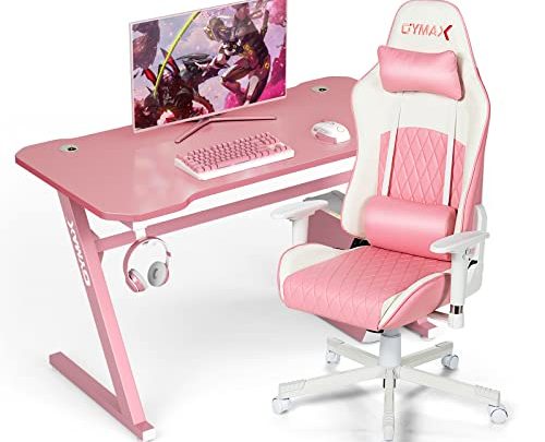 GYMAX Gaming Chair Desk Set, Pink Ergonomic High Back Computer Chair with Headrest & Lumbar Support, Office Table with Headphone…