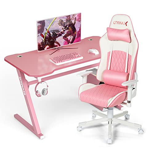 GYMAX Gaming Chair Desk Set, Pink Ergonomic High Back Computer Chair with Headrest & Lumbar Support, Office Table with Headphone…