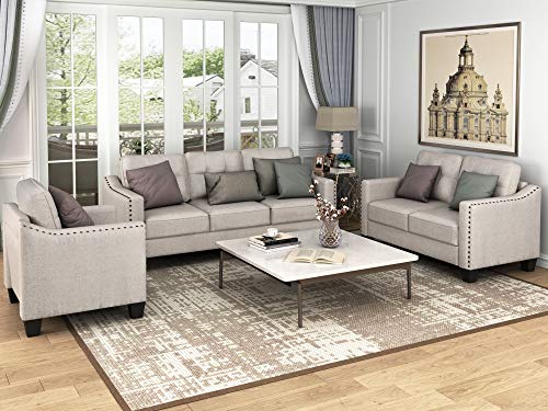 Merax 3 Pieces Living Room Sectional Sofa Set, Modern Style Button Tufted Arm Chair Loveseat Couch with Cushions, Beige