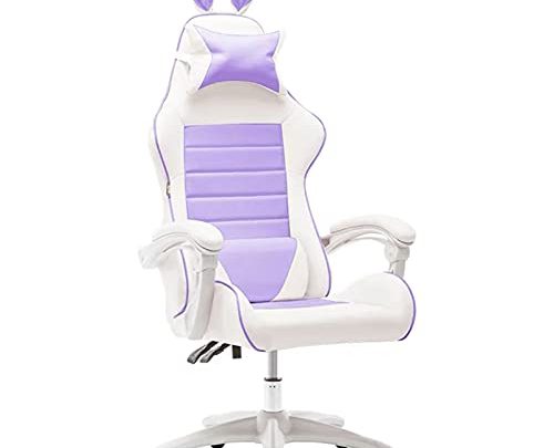 FFLLAS Gaming Chair Pink,Computer Office Chair Cute Pink Rabbit Style, with Retractable Arms and Footrest Adjustable Massage Lumbar Cushion Ergonomic…