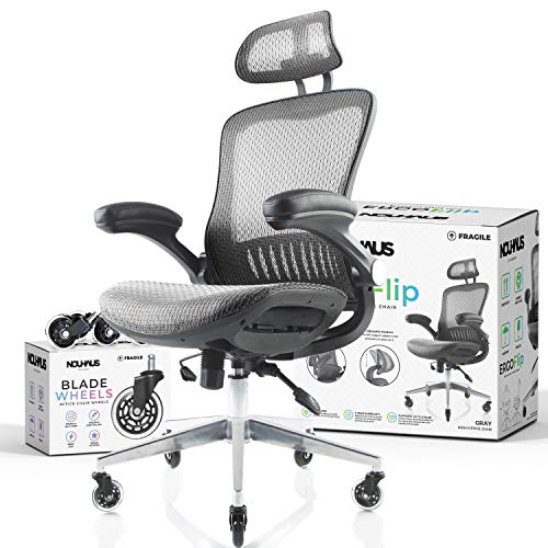 NOUHAUS ErgoFlip Mesh Computer Chair – Grey Rolling Desk Chair with Retractable Armrest and Blade Wheels Ergonomic Office Chair, Gaming…