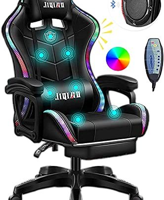 Gaming Chair with Bluetooth Speakers, Video Game Chairs Gaming Lights- Ergonomic Massage Gaming Chair Full Massage Lumbar Support Adjustment of…