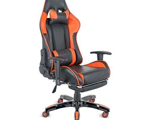 Comfty Fold-Away Footrest, Support Pillows and 2D T-Armrests Deluxe Leather Reclining Racing Gaming Chair, Black/Orange
