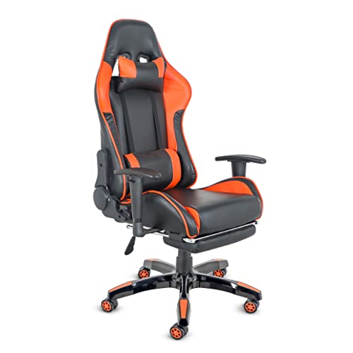 Comfty Fold-Away Footrest, Support Pillows and 2D T-Armrests Deluxe Leather Reclining Racing Gaming Chair, Black/Orange