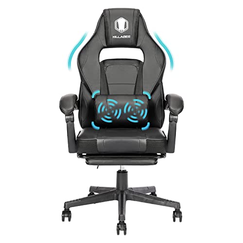 Massage Gaming Chair Racing Computer Desk Office Chair High-Back Swivel Recliner Chair with Retractable Footrest and Adjustable Lumbar Support, Black