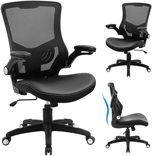 Office Chair Ergonomic Desk Chair – Leather Cushion Adjustable Height Swivel Mesh Midback Computer Chair with Lumbar Support and Flip-up…