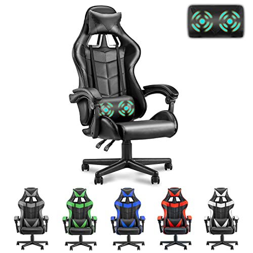 Soontrans Black Gaming Chairs Massage,High-Back Computer Chair,Ergonomic Game Chair,Racing Gamer Chair with Adjustable Headrest and Lumbar Support (Carbon Black)
