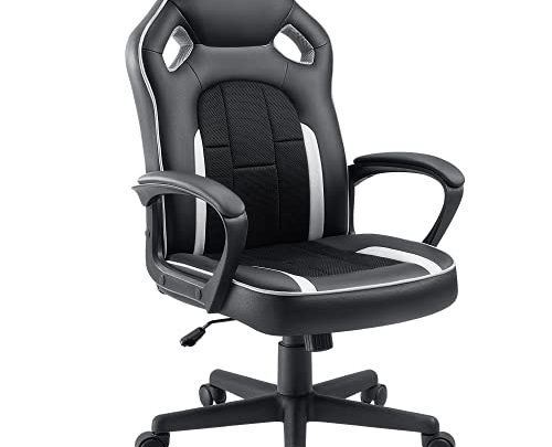 Pawnova Gaming Chair Racing Mid Back Leather Office Task Seat with Rocking Function, Padded Armrest, White