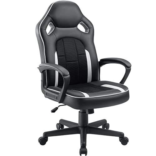 Pawnova Gaming Chair Racing Mid Back Leather Office Task Seat with Rocking Function, Padded Armrest, White